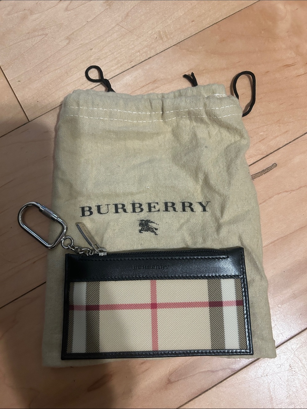 Burberry Beige Plaid Card Holder with Black Trim and Red Accent